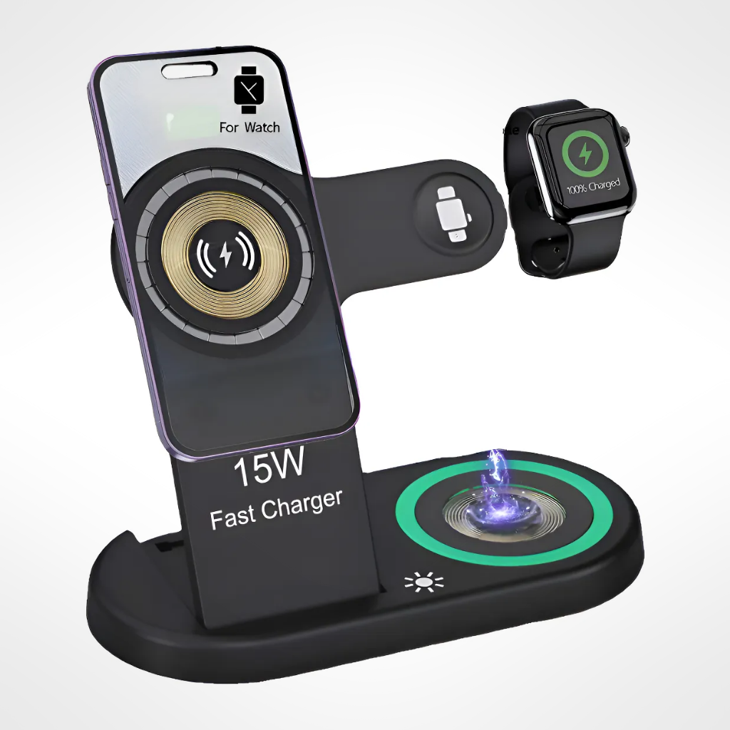 Cargador Inalámbrico Magnético Plegable 3 en 1 MagSafe 15W iPhone Watch AirPods Luz Ambiente