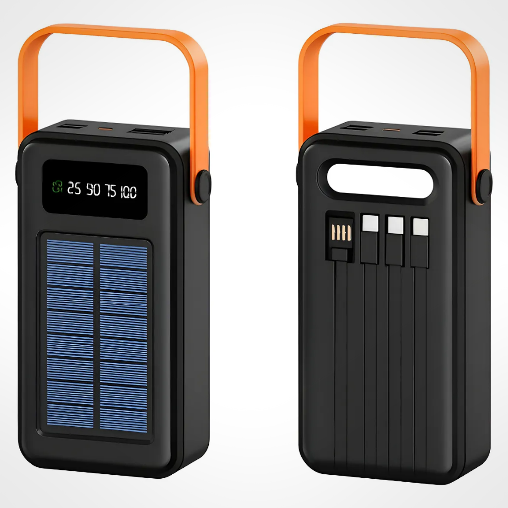 Power Bank Solar 50000mAh | Cargador Portátil Carga Rápida 2.1A | 4 Cables Integrados | Visor Digital