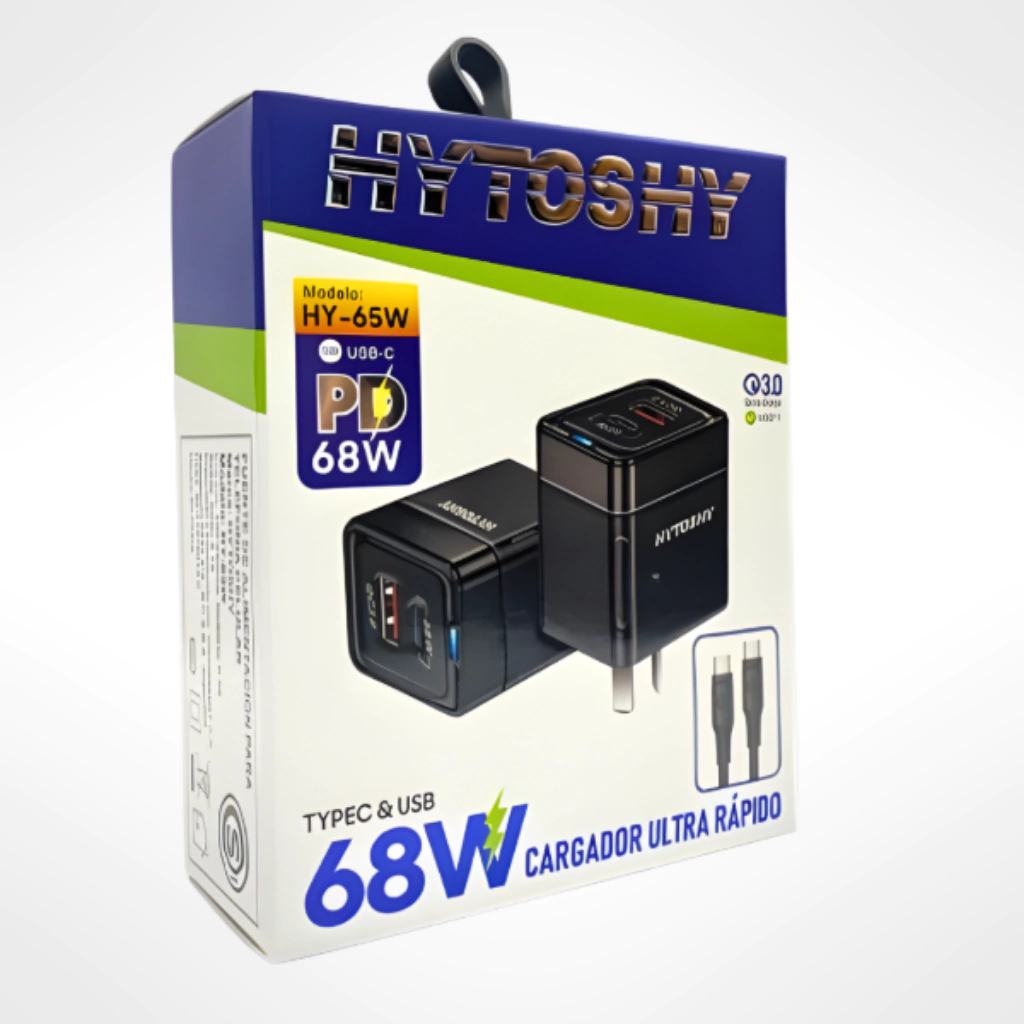 Cargador Dual Ultra Rápido Hytoshy 68W PD 65W + QC 3.0 | Puerto USB-C y USB-A | Notebooks, Tablets y Celulares